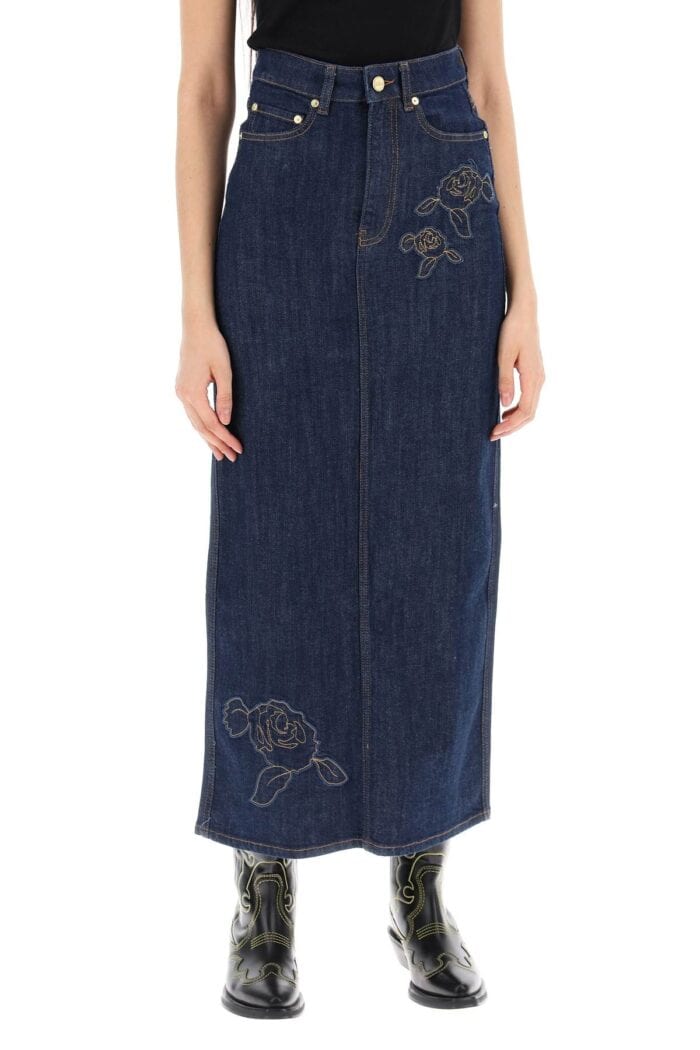 GANNI Maxi Denim Skirt With Pink Embroidery