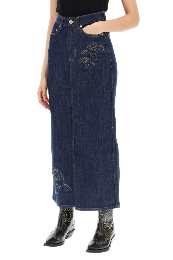 GANNI Maxi Denim Skirt With Pink Embroidery