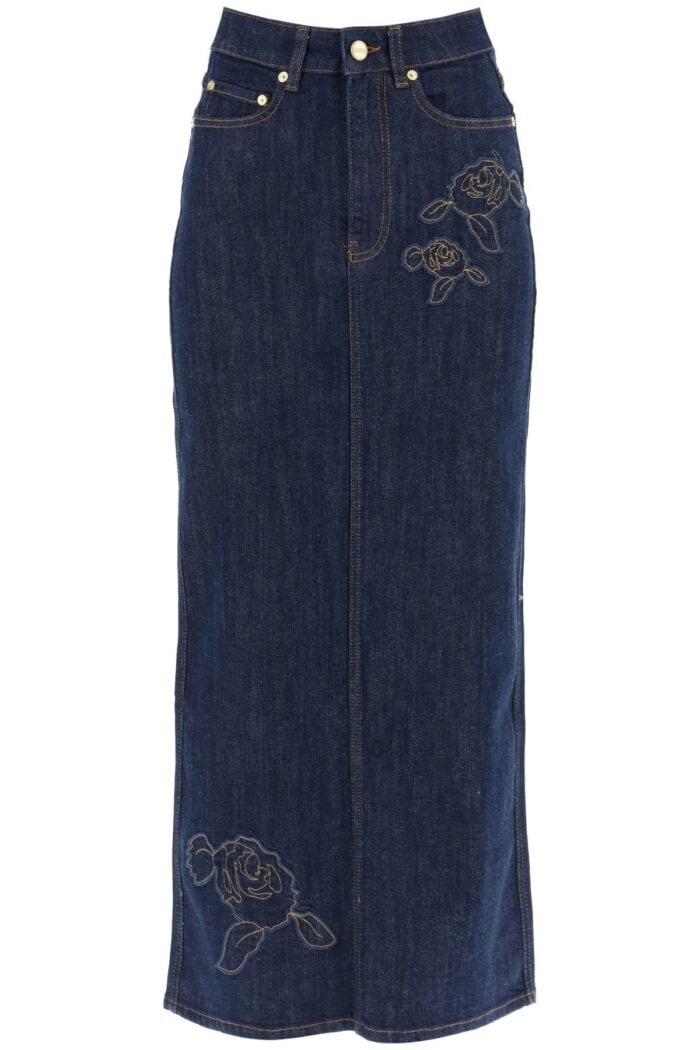 GANNI Maxi Denim Skirt With Pink Embroidery