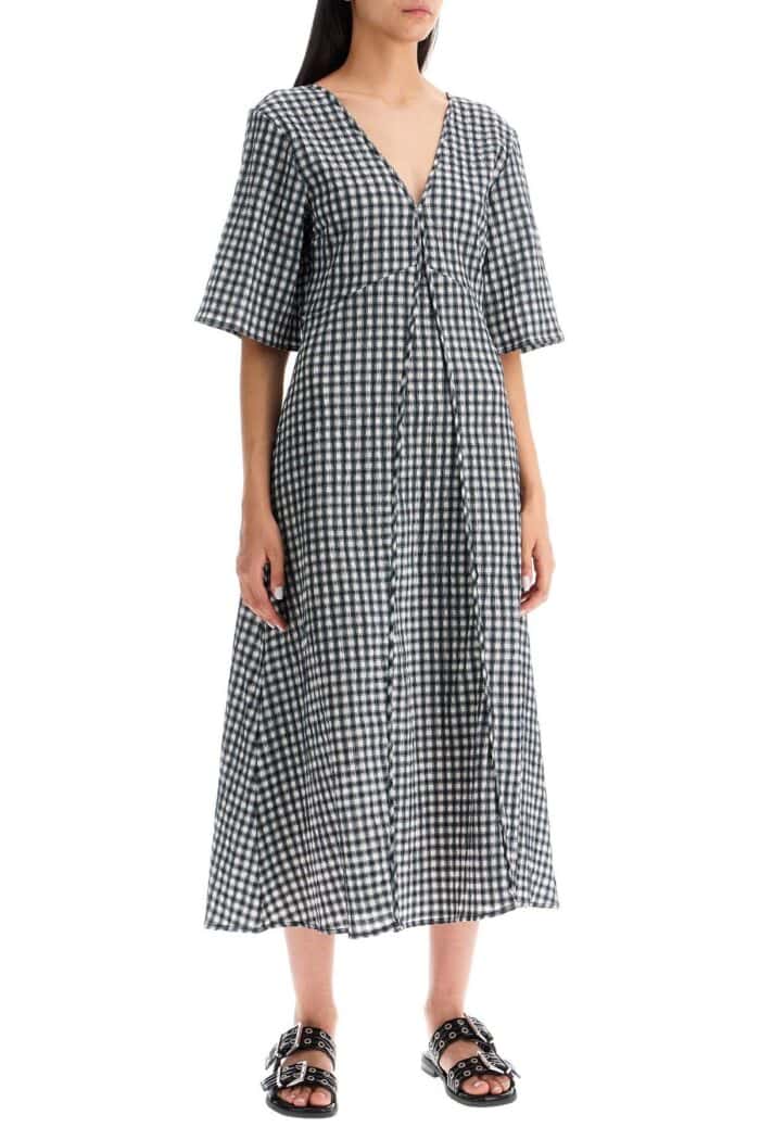 GANNI Midi Seersucker Check Dress
