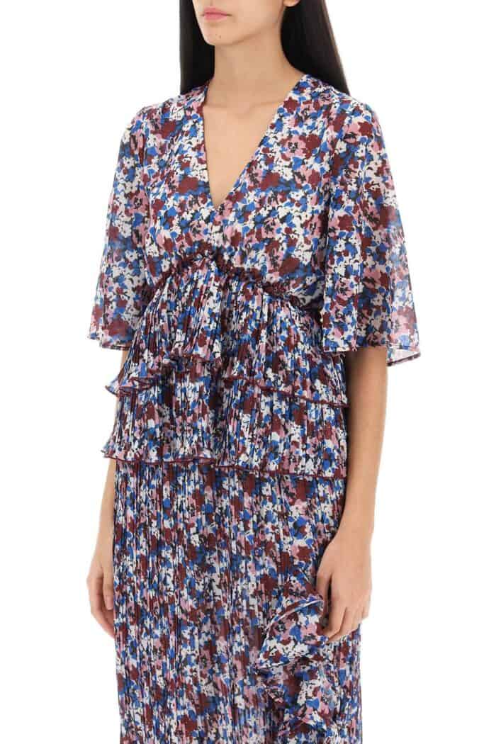 GANNI Pleated Blouse With Floral Motif