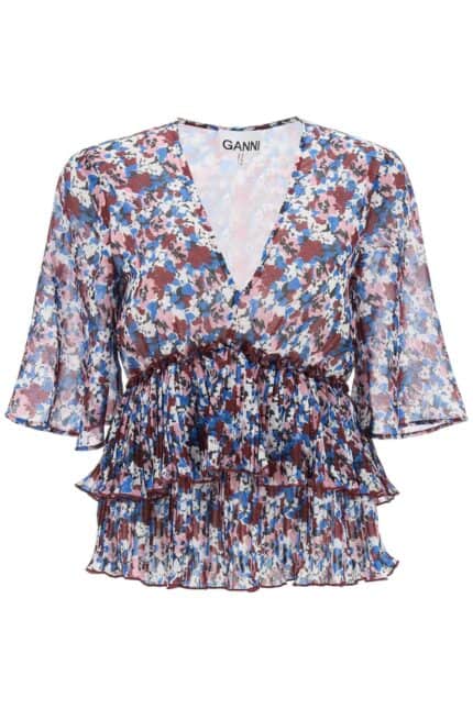 GANNI Pleated Blouse With Floral Motif