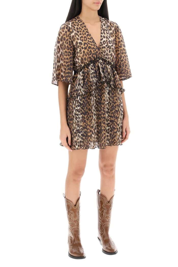 GANNI Pleated Mini Dress With Leopard Motif