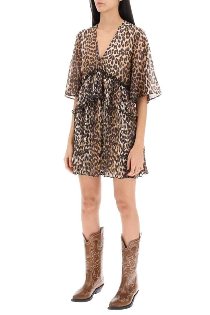 GANNI Pleated Mini Dress With Leopard Motif