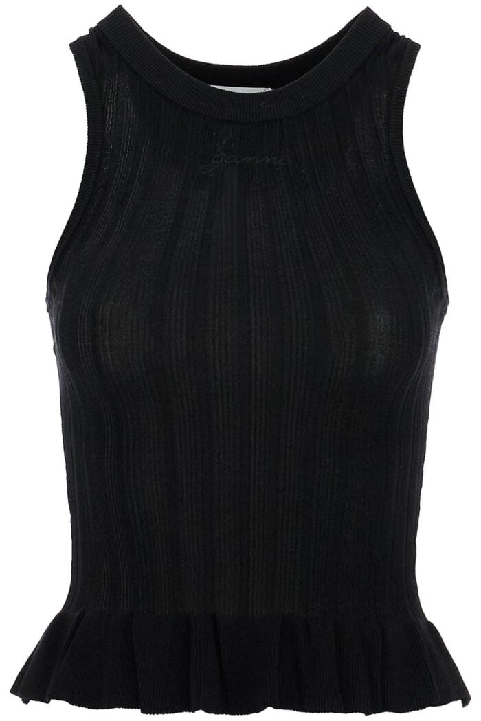 GANNI Ribbed Knit Tank Top With Spaghetti Straps