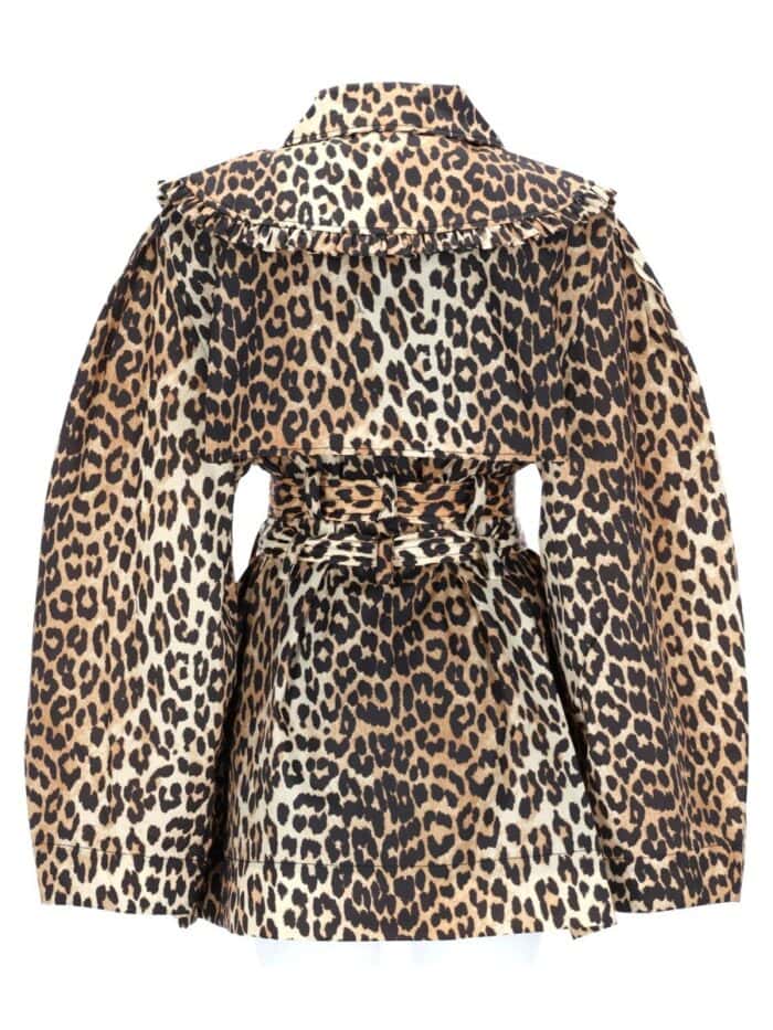 GANNI SHORT TRENCH COAT WITH LEOPARD PRINT