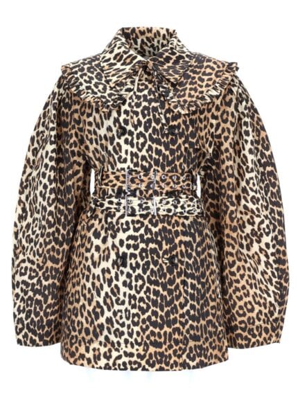 GANNI SHORT TRENCH COAT WITH LEOPARD PRINT