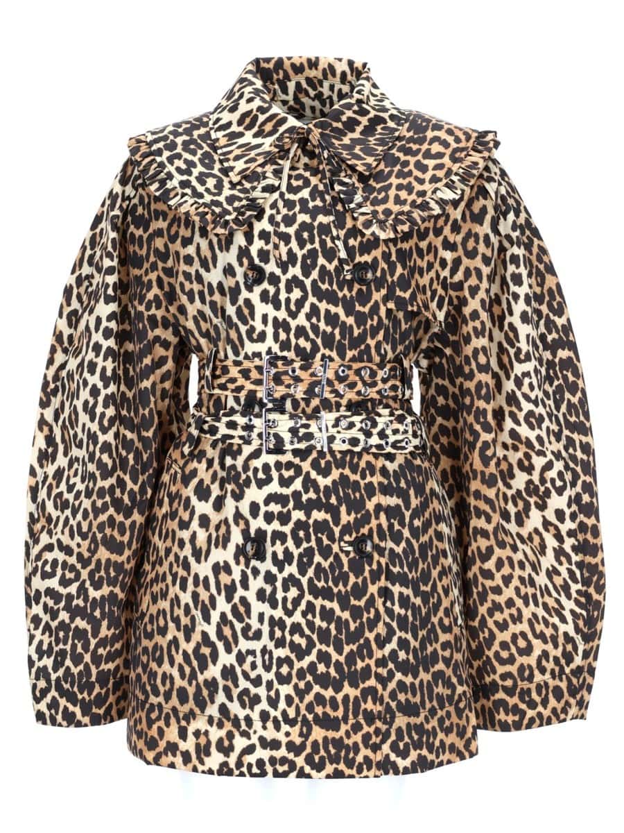 GANNI SHORT TRENCH COAT WITH LEOPARD PRINT