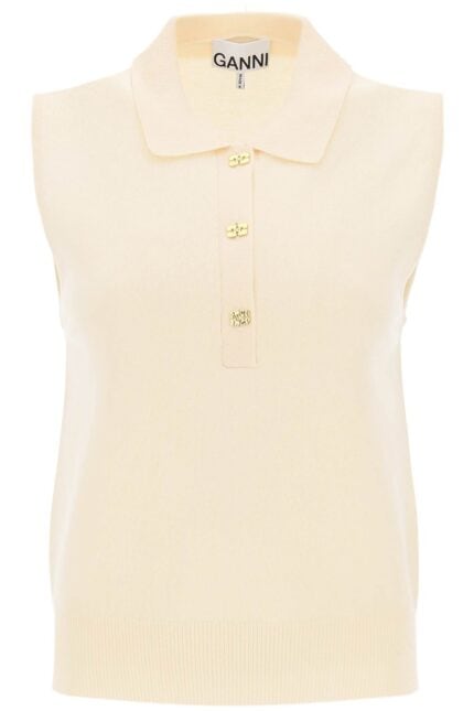 GANNI Sleeveless Polo Shirt In Wool And Cashmere