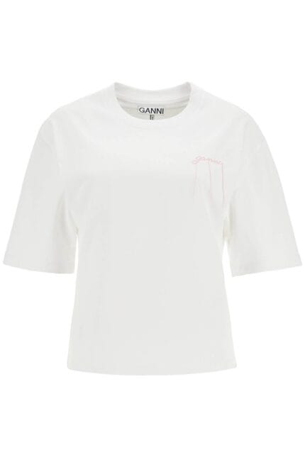 GANNI T-shirt With Frayed Embroidery