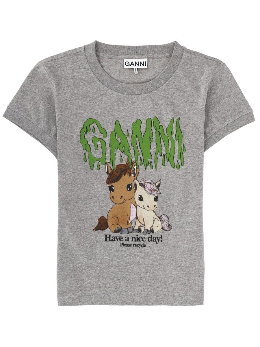 GANNI T-SHIRT WITH PRINT AND LOGO
