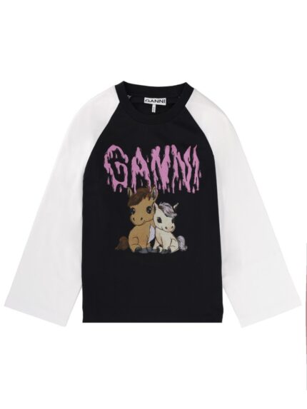 GANNI T-SHIRT WITH PRINT AND LOGO