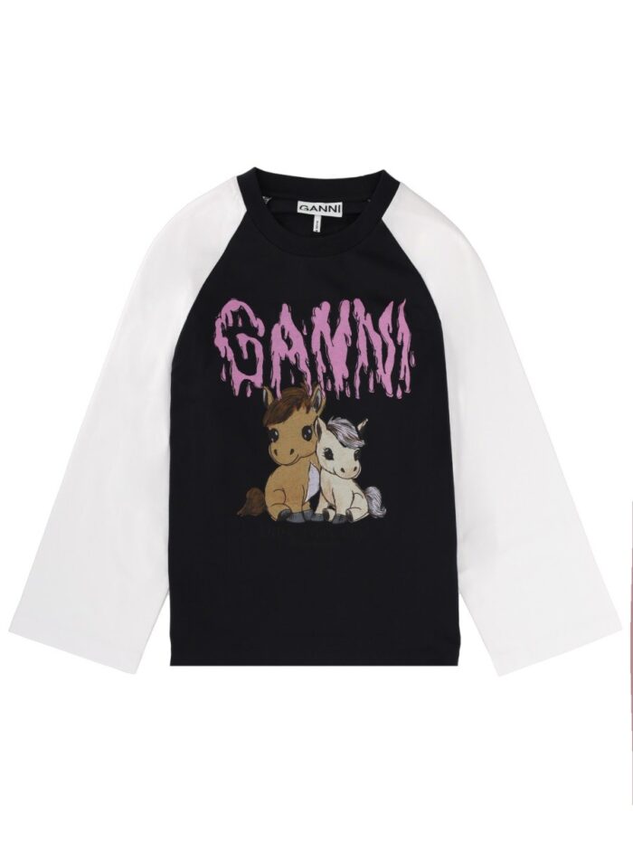 GANNI T-SHIRT WITH PRINT AND LOGO