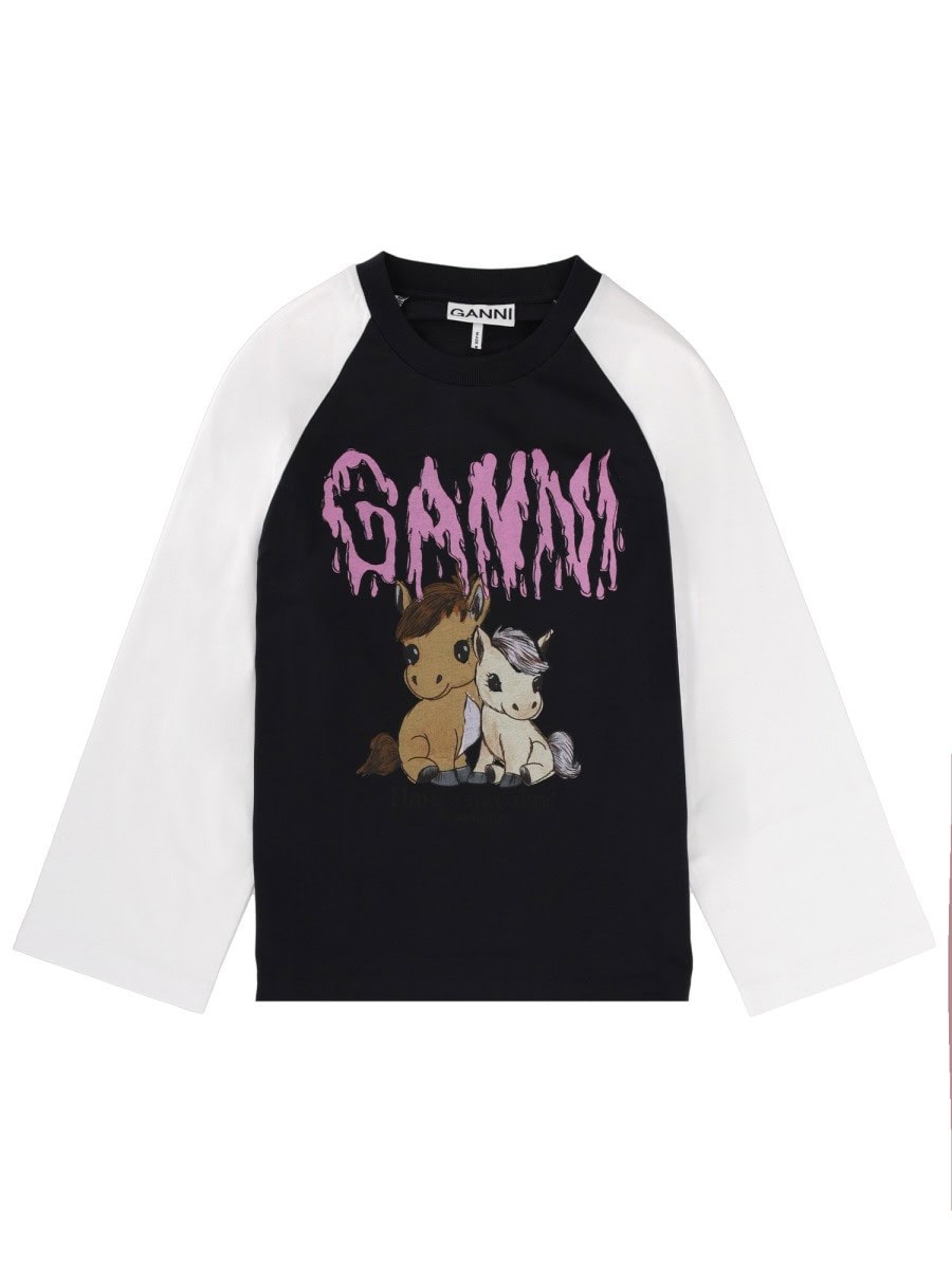 GANNI T-SHIRT WITH PRINT AND LOGO