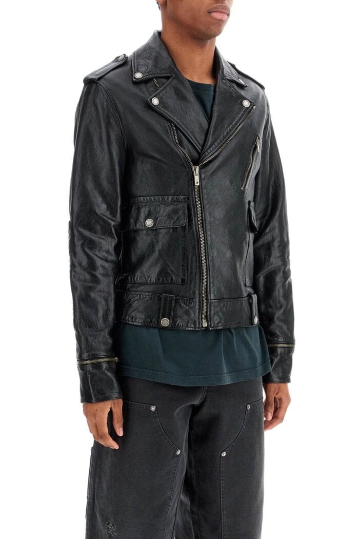 GOLDEN GOOSE Black Waxed Leather Biker Jacket With Zip