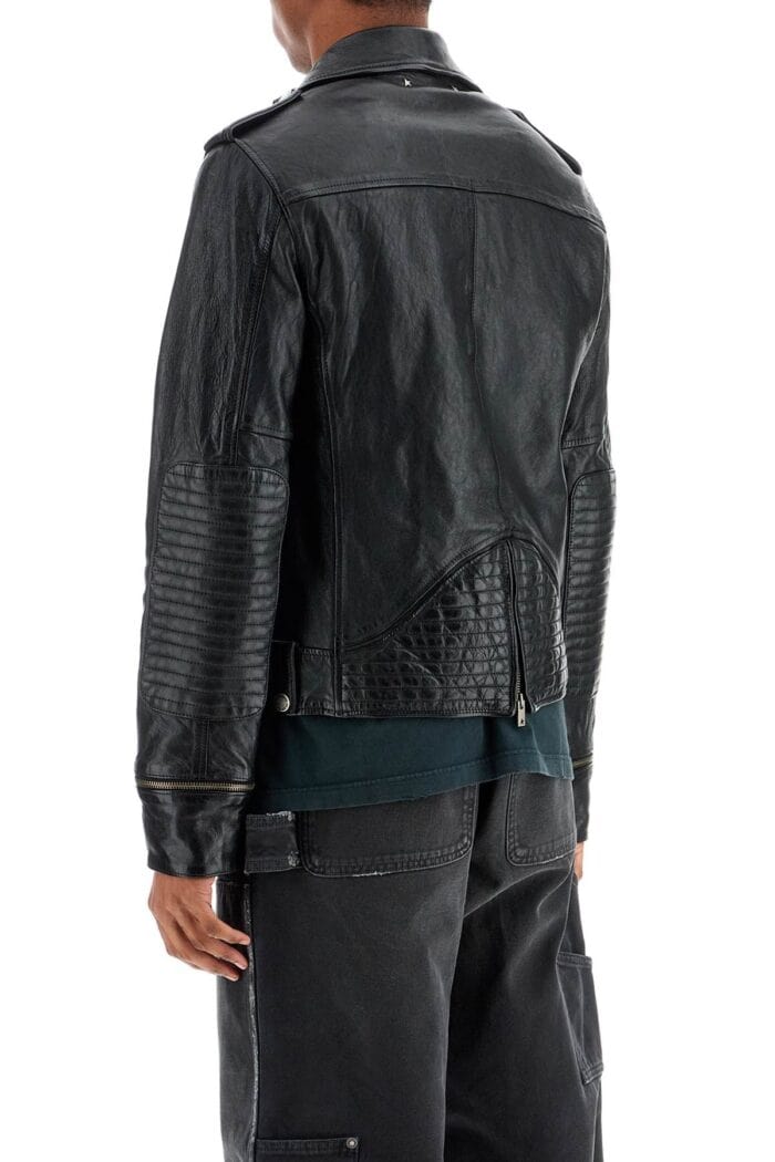 GOLDEN GOOSE Black Waxed Leather Biker Jacket With Zip