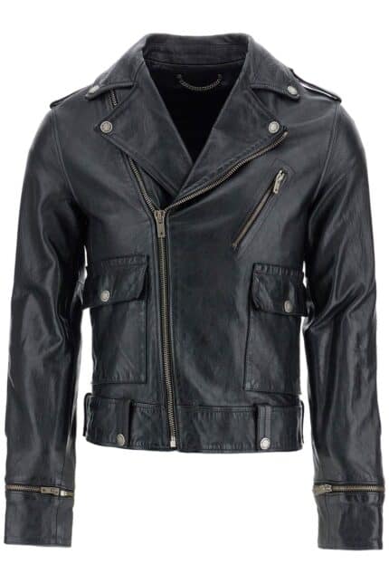 GOLDEN GOOSE Black Waxed Leather Biker Jacket With Zip