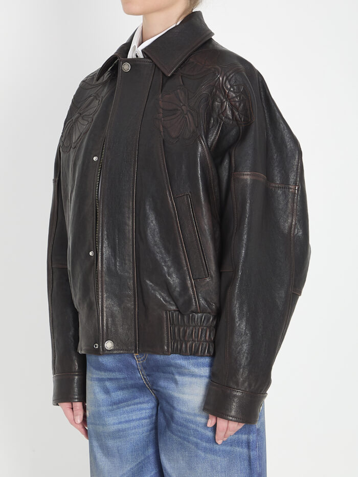 Golden Goose Leather bomber jacket with floral embroidery