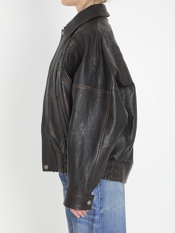 Golden Goose Leather bomber jacket with floral embroidery