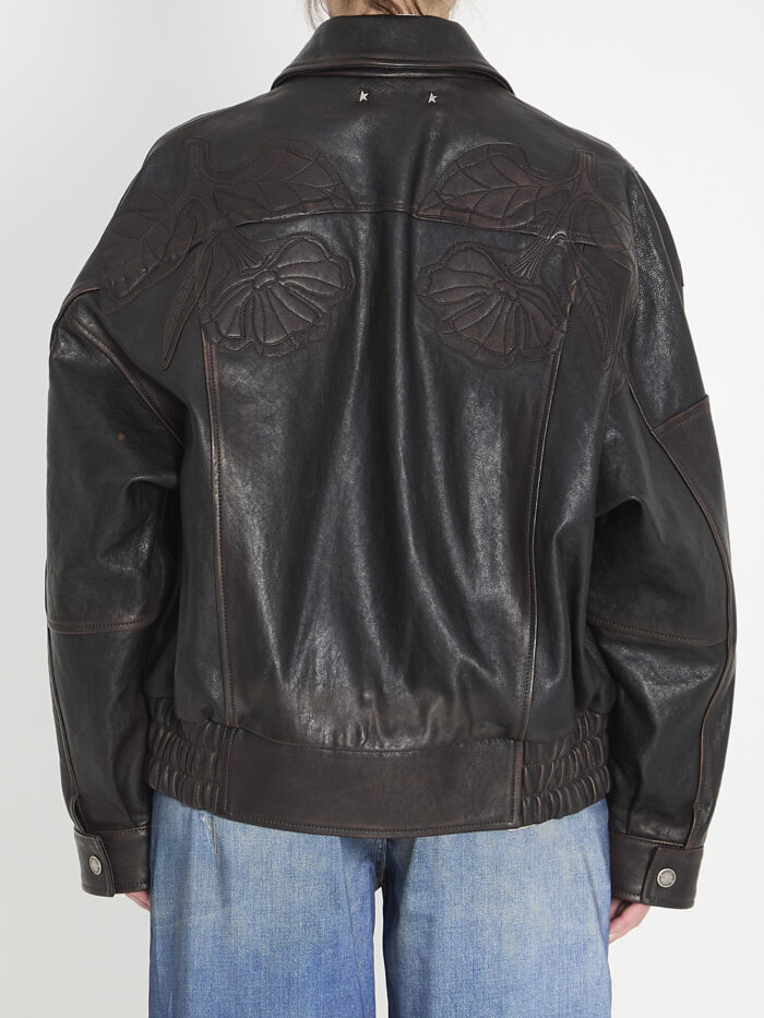 Golden Goose Leather bomber jacket with floral embroidery