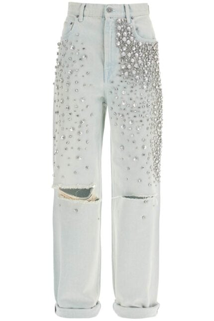 GOLDEN GOOSE Light Blue Cotton Jeans With Crystal Stones