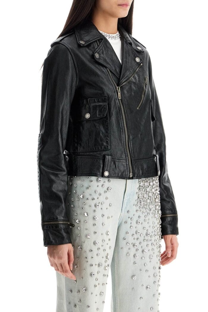 GOLDEN GOOSE Shiny Black Sheepskin Biker Jacket With Sturdy Zip