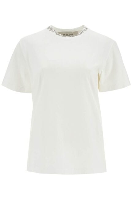 GOLDEN GOOSE Vintage White Cotton T-shirt With Rhinestone Embroidery