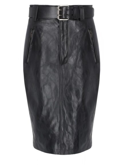 Saint Laurent GONNA A MATITA CON CINTURA IN PELLE MARTELLATA