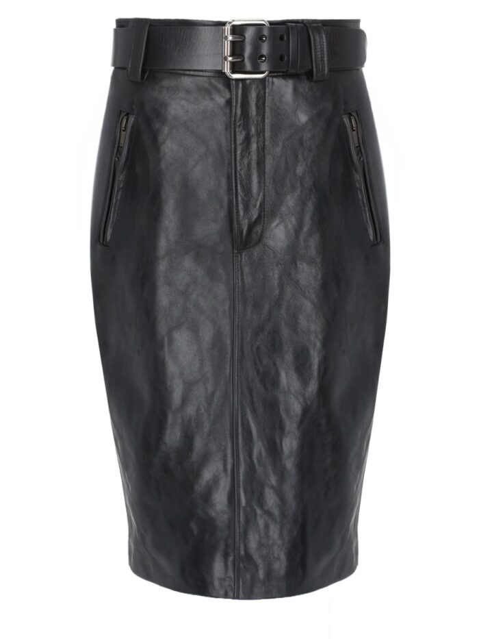 Saint Laurent GONNA A MATITA CON CINTURA IN PELLE MARTELLATA