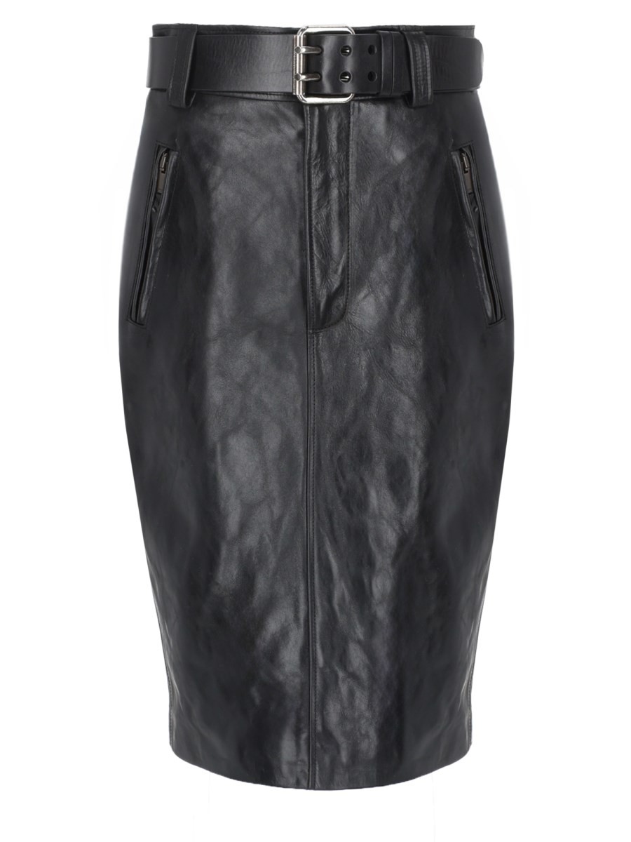 Saint Laurent GONNA A MATITA CON CINTURA IN PELLE MARTELLATA