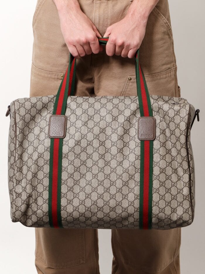 Gucci Gg Supreme Fabric And Leather Duffle Bag With Web Detail