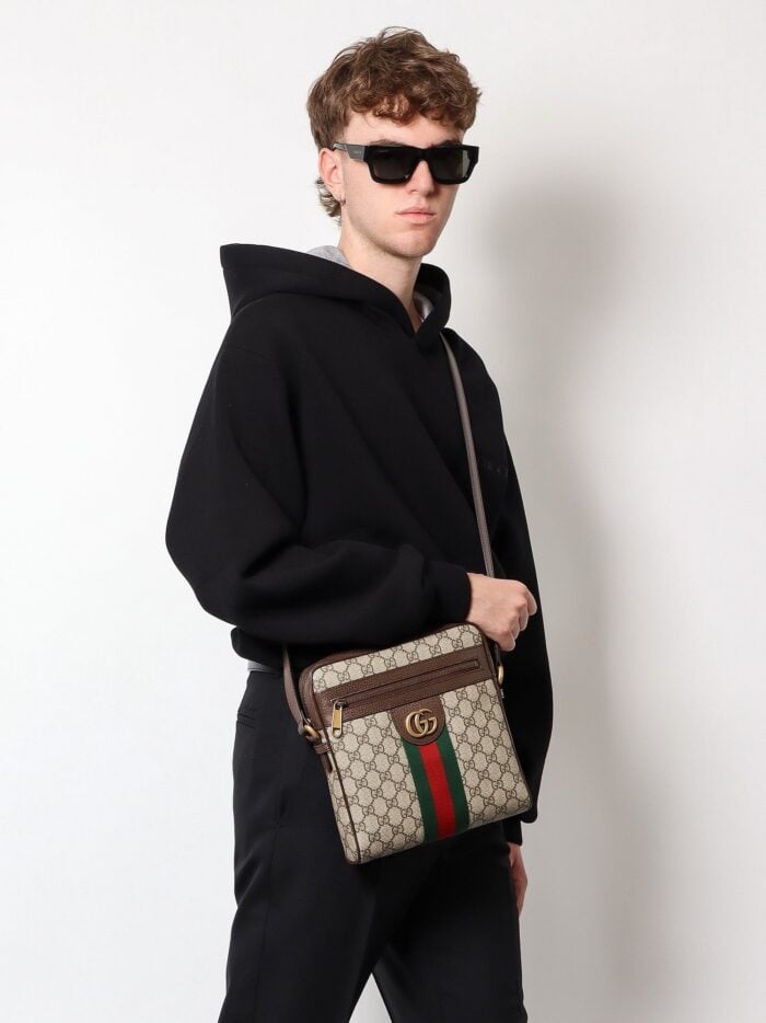 Gucci Gg Supreme Fabric And Leather Shoulder Bag With Iconic Web Band
