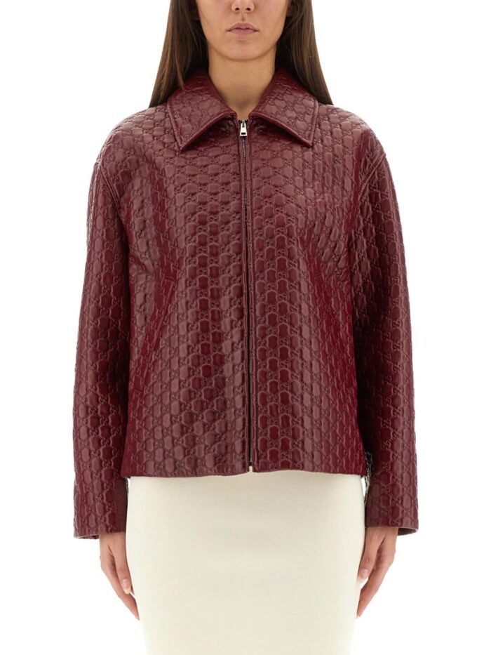gucci oversized leather jacket with embossed gg Gucci OVERSIZED LEATHER JACKET WITH EMBOSSED GG