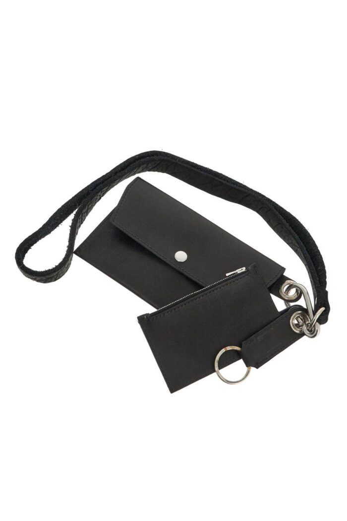 GUIDI Black Kangaroo Leather Card And Phone Holder With Shoulder Strap