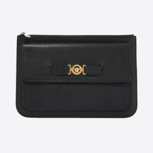 Men's black leather handbag with gold-toned logo detailing on the front flap and a minimalist, sleek design.