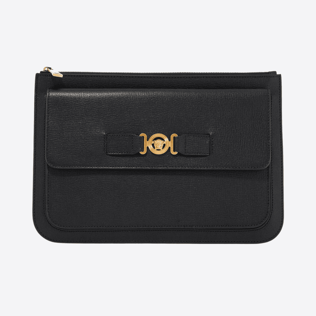 Men's black leather handbag with gold-toned logo detailing on the front flap and a minimalist, sleek design.