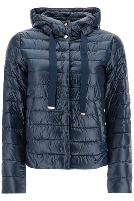 HERNO Cropped Down Jacket With Hood In Ultralight Dark Blue Nylon