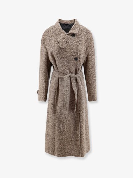 Brunello Cucinelli Herringbone Coat With Monili Detail