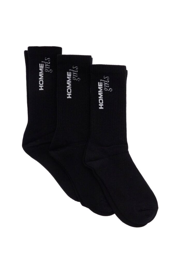 HOMME GIRLS Black Medium Cotton Socks Pack Of 3 With Embroidered Logo