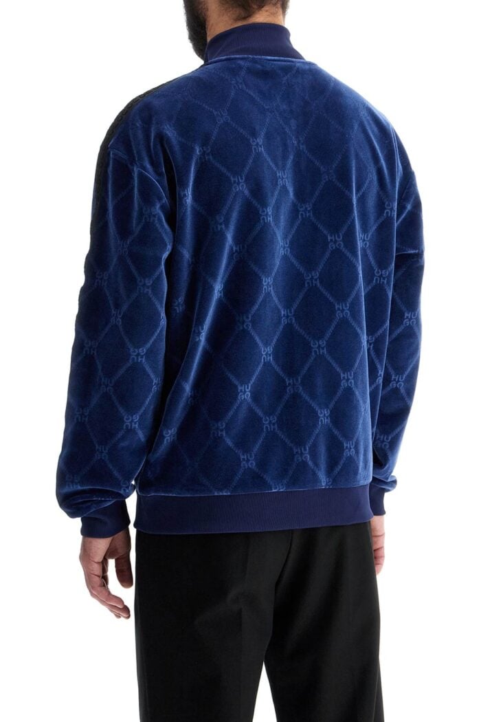 HUGO Dark Blue Velvet High Collar Zip Slim Fit Sweatshirt