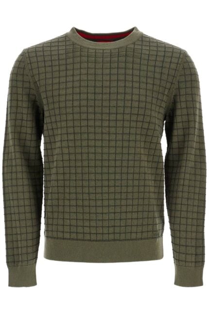 HUGO Dark Green Checkered Cotton Sweater With Long Sleeves