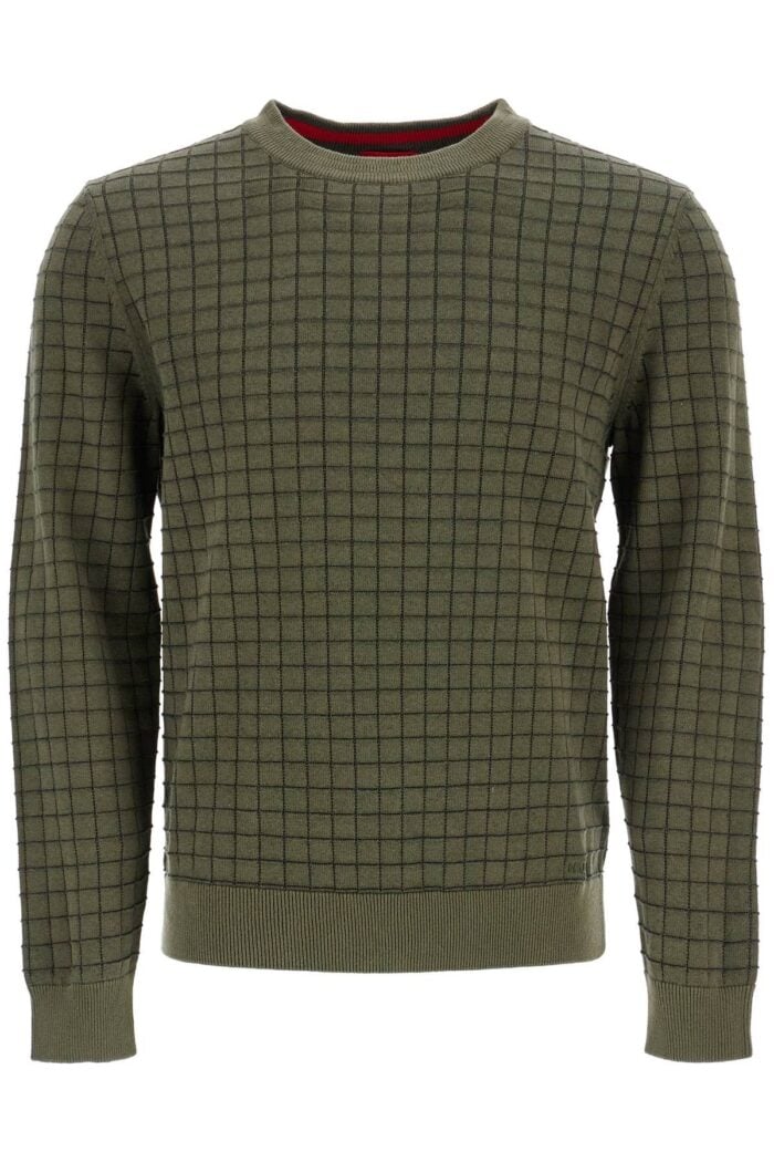 HUGO Dark Green Checkered Cotton Sweater With Long Sleeves