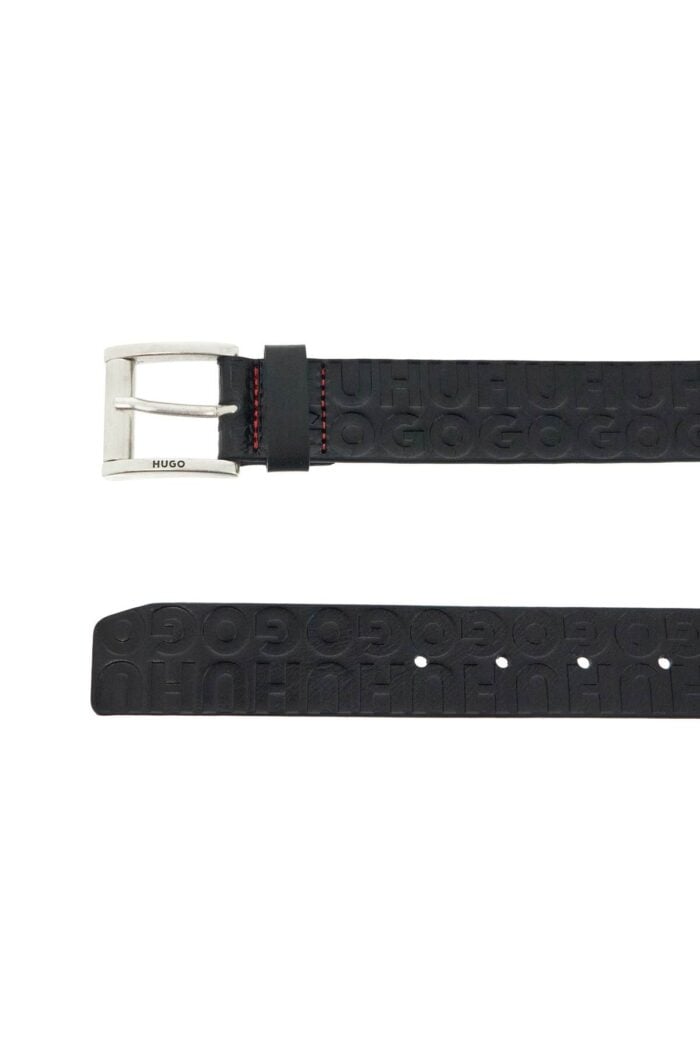 HUGO Men's Black Leather Belt With Logo Metal Buckle