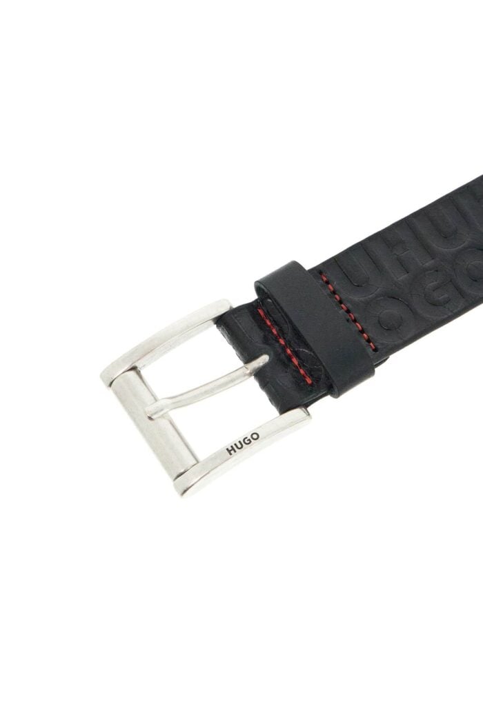 HUGO Men's Black Leather Belt With Logo Metal Buckle