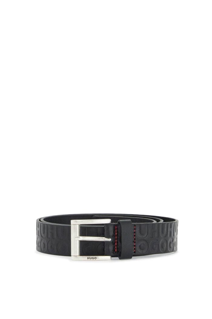 HUGO Men's Black Leather Belt With Logo Metal Buckle