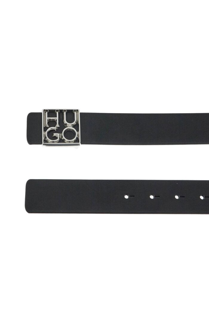 HUGO Men's Black Leather Belt With Square Buckle And Embossed Logo