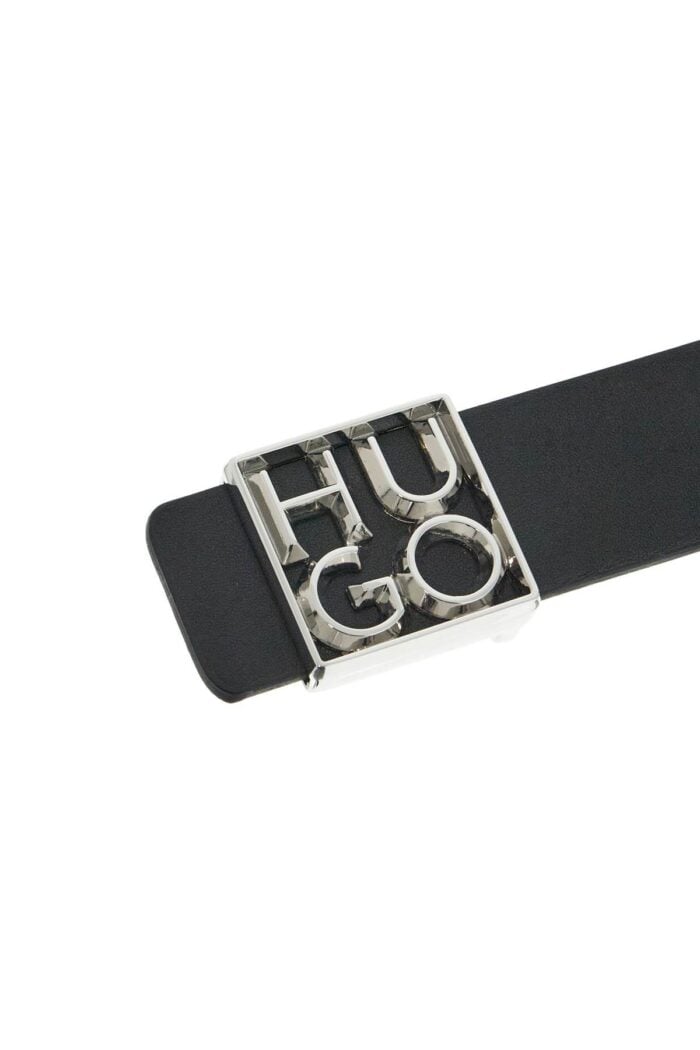 HUGO Men's Black Leather Belt With Square Buckle And Embossed Logo