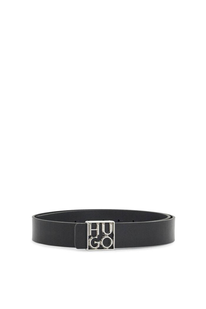 HUGO Men's Black Leather Belt With Square Buckle And Embossed Logo