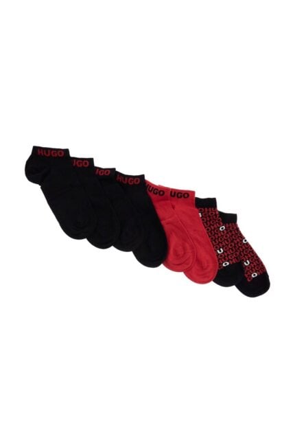 HUGO Men's Short Socks 4 Pairs Cotton Repeated Logo Black And Red