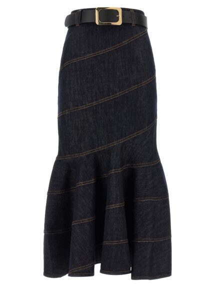 SELF PORTRAIT 'Indigo Denim Belted Midi' Skirt